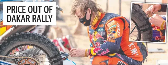  ?? Pictures: Facebook, Toby Price Racing ?? Champion Gold Coast motorcycle rider Toby Price shocked the motorsport world by racing on a tyre held together with cable ties (inset) in the gruelling eighth stage of the Dakar Rally across the Arabian Peninsula.