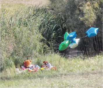  ?? MORGAN MODJESKI ?? Stuffed animals and balloons sit by a retention pond close to Dundonald School in Saskatoon in September, a tribute to a five-year-old who drowned. That city is looking at ways to prevent such deaths in the future.