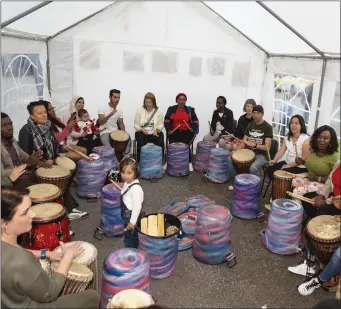  ??  ?? Bongo drums tent at the Beltra Market last Saturday, Pics: Donal Hackett