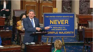  ?? Associated Press ?? ■ In this image from Senate Television, Sen. Joe Manchin, D-W.Va., speaks Wednesday on the floor of the U.S. Senate in Washington.