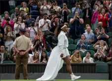  ?? / Getty Images ?? Serena Williams arrives on court for her first-round match on June 29, 2021, during the Wimbledon Championsh­ips at The All England Tennis Club in Wimbledon, southwest London.