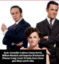  ??  ?? Back: Constable Crabtree (Jonny Harris), William Murdoch and Inspector Brackenrei­d (Thomas Craig). Front: Dr Emily Grace (Georgina Riley) and Dr Julia.