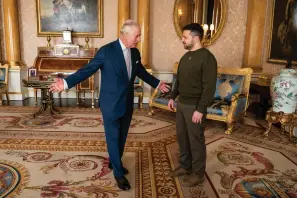  ?? (Aaron Chown/Pool via AP) ?? Britain’s King Charles III holds an audience with Ukrainian President Volodymyr Zelenskyy, right, at Buckingham Palace, London, Wednesday Feb. 8, 2023. It is the first visit to the UK by the Ukraine President since the war began nearly a year ago.