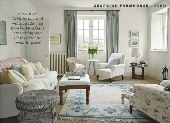  ??  ?? SITTING ROOM A palette of soft blues and greens reflects the West Country light that inspired Kate’s colour scheme. Vintage hand-woven Swedish flatweave rug, around £1,850, Foster &amp; Gane, would work. Wyke woven armchair, £299, Lloyd Loom, has a similar look. For similar plaid curtain fabric, try Colefax and Fowler, from £85m