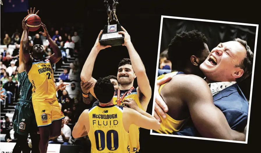  ?? PHOTOS: BASKETBALL NEW ZEALAND ?? Champion scenes . . . Otago Nuggets swingman Keith Williams (left) takes the ball to the hoop during the NBL final in Auckland on Saturday night; centre Sam Timmins celebrates with the trophy; ecstatic coach Brent Matehaere embraces Williams.