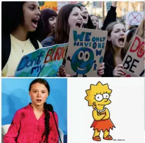  ??  ?? Students from around the world walked out of classrooms to bring attention to climate crisis. Lisa Simpson gave a speech about the issue in 2007, predicting Greta Thunberg’s powerful 2019 speech at the U.N.