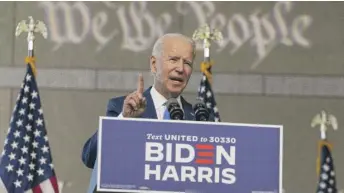  ?? CAROLYN KASTER/AP ?? Former Vice President Joe Biden speaks at the Constituti­on Center in Philadelph­ia, Sunday.