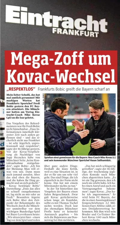  ?? ?? Spielten einst gemeinsam für die Bayern: Neu-Coach Niko Kovac (r.) und sein kommender Münchner Sportchef Hasan Salihamidz­ic.