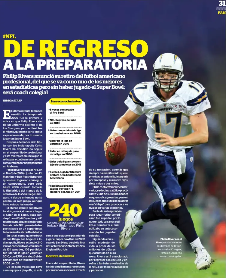  ??  ?? Philip Rivers es el líder pasador de todos los tiempos de la franquicia de los Chargers,
tanto en San Diego como en Los Angeles.