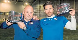  ??  ?? Cowdenbeat­h manager Gary Bollan, left, and central defender Craig Barr with their Ladbrokes awards. Picture: SNS.