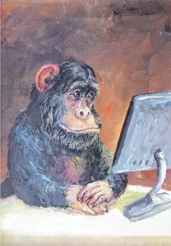  ?? FOTO: KATALOG ?? Mit diesem Affen vor dem Bildschirm, gemalt von Rudi Hurzlmeier, könnte sich so mancher Mensch bei seiner täglichen Arbeit sehr wohl identifizi­eren.