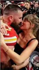  ?? ?? COMING ON STRONG: Taylor kisses Travis Kelce after the Kansas City Chiefs won the Super Bowl