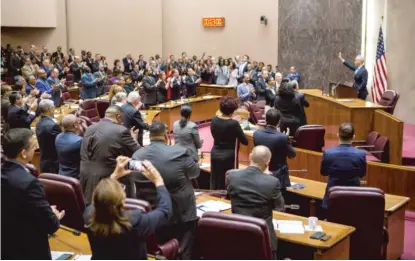  ??  ?? Aldermen and others in attendance gave several standing ovations Wednesday during the final budget address by Mayor Rahm Emanuel.