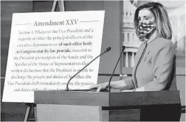  ?? J. SCOTT APPLEWHITE/AP ?? Speaker of the House Nancy Pelosi, D-Calif., speaks Friday at the Capitol in Washington.