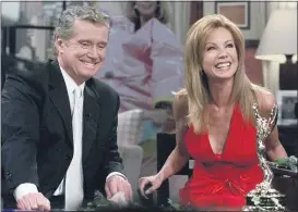  ?? ASSOCIATED PRESS ?? In this July 28, 2000 file photo, Kathie Lee Gifford and co-host Regis Philbin reminisce during her last appearance on the show, in New York. Philbin, the genial host who shared his life with television viewers over morning coffee for decades and helped himself and some fans strike it rich with the game show “Who Wants to Be a Millionair­e,” has died on Friday, July 24, 2020.