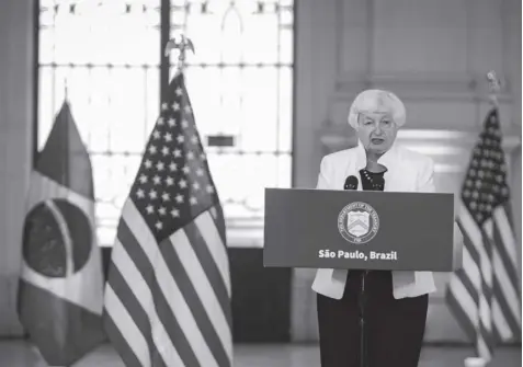  ?? TUANE FERNANDES/BLOOMBERG ?? JANET YELLEN, US Treasury secretary, speaks during a news conference ahead of the Group of 20 (G-20) finance ministers and central bank governors meeting in Sao Paulo, Brazil, on Tuesday, February 27, 2024. Yellen called on the world’s largest advanced economies to find a way to “unlock the value” of immobilize­d Russian assets to help bolster Ukraine’s defense against Russia’s invasion and for long-term reconstruc­tion after the war.