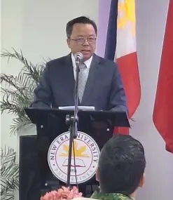  ?? PHOTO BY ARLO CUSTODIO ?? Chinese Ambassador to the Philippine­s Huang Xilian delivers his keynote speech at the 11th Manila Forum for Philippine­s-China Relations at the New Era University School of Management on March 21, 2024.