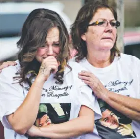  ??  ?? Megan Bencivenga, girlfriend of Ryan Ronquillo, is comforted byMaria Sanchez Robles, his grandmothe­r, during a candleligh­t vigil for Ronquillo at the parking lot of the Romero Funeral Home on Sunday. Kent Nishimura, The Denver Post