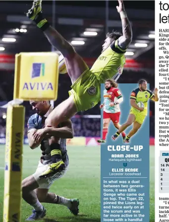  ?? PICTURES: Getty Images ?? Game-changer: Aaron Morris tackles Adam Thompstone in mid air to hand Leicester a penalty try