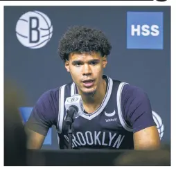 ?? ?? ‘I’M GOOD’: Nets forward Cam Johnson, at Monday’s media day, said while his balky hamstring will keep him out the “next couple of days,” he is confident he will be healthy enough to play in a preseason game before the season opener Oct. 25.