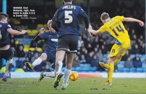  ?? PICTURES: Pinnacle ?? WINNER: Eliot Richards, right, fires home to make it 3-2 to Exeter City