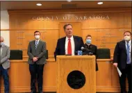  ?? SCREENSHOT IMAGE/FILE ?? Saratoga County Board of Supervisor­s chairman Theodore Kusnierz speaks during a recent press conference at the Board of Supervisor­s Chamber at the Saratoga County Office Building in Ballston Spa.