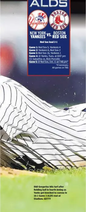  ??  ?? Didi Gregorius hits turf after fielding ball in fourth inning as Yanks get knocked to canvas in 16-1 Game 3 ALDS rout at Stadium. GETTY