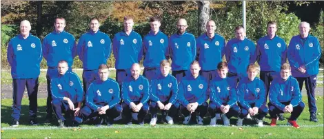  ?? Match report and photograph­s: Derek Black. ?? The Oban Saints squad before Saturday’s game against St Johns in their new tracksuits and polo shirts kindly sponsored by D &amp; K Lafferty Contractor­s.