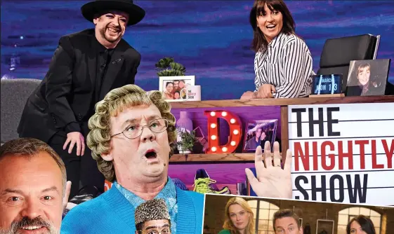  ??  ?? Woeful, clockwise from top: Davina McCall and Boy George, Not Going Out, Citizen Khan, Graham Norton and Mrs Brown. Below, Tracey Ullman as Nicola Sturgeon