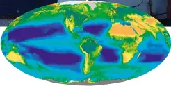  ??  ?? Chisholm también hace trabajo de campo en el barco donde, junto con su equipo, recoge muestras de agua para estudiar los microorgan­ismos oceánicos. Con esos datos, elaboran mapas como este, que refleja, en azul oscuro, las zonas que habita el...