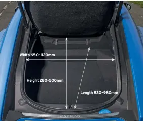  ??  ?? Width 650–1120mm Height 280–500mm Length 830–980mm Bootlid is powered as an option but it hardly needs to be. Storage space is only just about passable: there’s room for one big suitcase only.