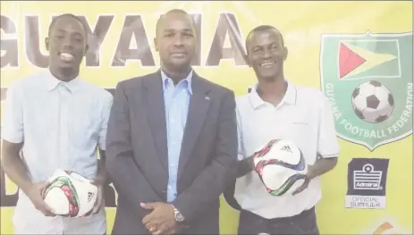  ??  ?? GFF President Wayne Forde (centre) with GFC Team Manager Jafar Gibbons (left) and Pele FC Vice President Alexander Best.