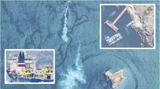  ?? SATELLITE IMAGES: MAXAR TECHNOLOGI­ES/VESSEL IMAGE: REUTERS ?? Action at sea . . . This satellite image shows an attack on a landing craft near Snake Island, Ukraine. Inset, left: The Russian Navy’s Black Sea Fleet logistics support ship Vsevolod Bobrov sailing in the Bosphorus, Istanbul, in January. Inset, top right: A satellite image shows a closer view of a barge, a Sernaclass landing craft and a sunken Serna craft at Snake Island.