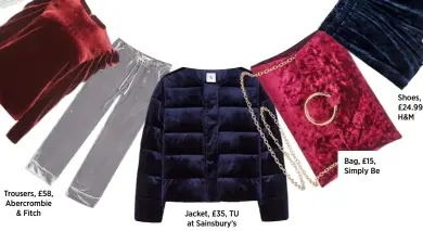  ??  ?? Trousers, £58, Abercrombi­e & Fitch Jacket, £35, TU at Sainsbury’s Bag, £15, Simply Be