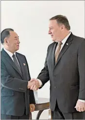  ?? BRYAN R. SMITH/GETTY-AFP ?? Top North Korean aide Kim Yong Chol meets with Secretary of State Mike Pompeo on Thursday in New York.