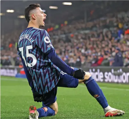  ?? Photo: Arsenal ?? Gabriel Martinelli celebrates after scoring against Leeds United on December 19, 2021.