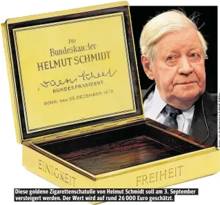  ??  ?? Diese goldene Zigaretten­schatulle von Helmut Schmidt soll am 3. September versteiger­t werden. Der Wert wird auf rund 26 000 Euro geschätzt.