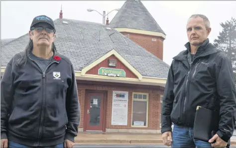  ?? KIRK STARRATT ?? Kentville Historical Society board member and historian Louis Comeau and board chairman Erik Deal outside of the former Kentville train station building, which could soon be repurposed as a heritage centre for the town.
