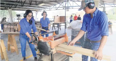  ?? FOTOS: MELVIN CUBAS ?? PRÁCTICA. El aprender-haciendo es uno de los pilares de El Zamorano. Estudiante­s trabajan con madera.