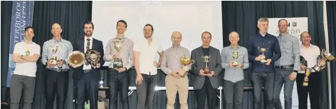  ?? Peterborou­gh Cycling Club trophy winners. From the left are Adrian McHale, Kevin Hobbs, Tom Dolby, Paul Pardoe, guest Robbie Ferri, Alan Brophy, Dave Yarham, Martin Bullen, Paul Townsin, Paul Stevenson and Phil Jones. ??