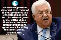  ?? AFP ?? Abbas speaks during the Palestinia­n leadership meeting at his headquarte­rs in the West Bank city of Ramallah. —