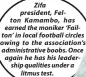  ??  ?? Zifa president, Felton Kamambo, has earned the moniker ‘Failton’ in local football circles owing to the associatio­n’s administra­tive boobs. Once again he has his leadership qualities under a litmus test.