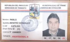  ??  ?? La licencia de conducir de Ypané, a nombre de Pablo Benítez González, pero que usaba Néstor Báez Alvarenga.