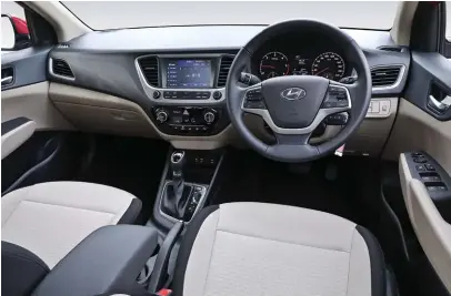  ??  ?? The Verna comes with a plethora of class leading features. This includes cooled seats up front, voice recognitio­n, a 7in touch screen infotainme­nt system, keyless entry and go along with a segment first sunroof. Rear passengers get AC vents and a 12V...