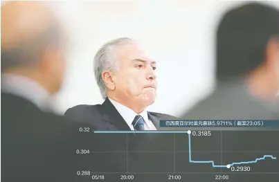  ??  ?? 5月12日，巴西总统特梅尔在巴西­利亚总统府出席执政一­周年纪念活动 新华社图