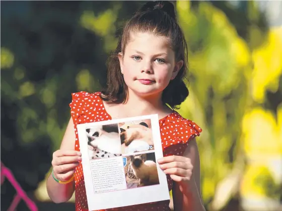  ?? PLEASE HELP: Shilo Nicholson, 10, with pictures of her precious therapy cat Bella who is missing. Picture: ALIX SWEENEY ??