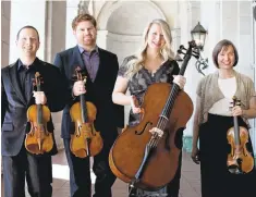  ?? GREGORY GOODS/CYPRESS STRING QUARTET ?? The Cypress String Quartet — from left, Tom Stone (violin), Ethan Filner (viola), Jennifer Kloetzel (cello) and Cecily Ward (violin) — performs its final San Francisco concert Sunday afternoon at the Dianne and Tad Taube Atrium Theater.