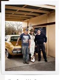  ??  ?? Above: Our model, Lou Kenny, photograph­ed with Des Kelly (left, owner of Kelly’s Garage) and Doug Smith, who lent his 1973 Ford Fairlane. Below: We flagged down local
Ray Harley for his ute and gorgeous kelpie Dolly, to be part of our shoot outside the Pioneers Museum.