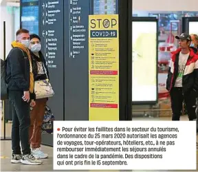  ?? ?? Pour éviter les faillites dans le secteur du tourisme, l’ordonnance du 25 mars 2020 autorisait les agences de voyages, tour-opérateurs, hôteliers, etc., à ne pas rembourser immédiatem­ent les séjours annulés dans le cadre de la pandémie. Des dispositio­ns qui ont pris fin le 15 septembre.