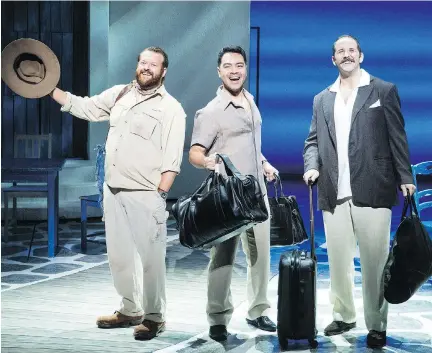  ?? KEVIN THOMAS GARCIA ?? From left, Marc Cornes, Shai Yammanee and Andrew Tebo in Mamma Mia! The feel-good, ABBA-fuelled Broadway smash returns for a three-day run at Montreal’s Place des Arts.